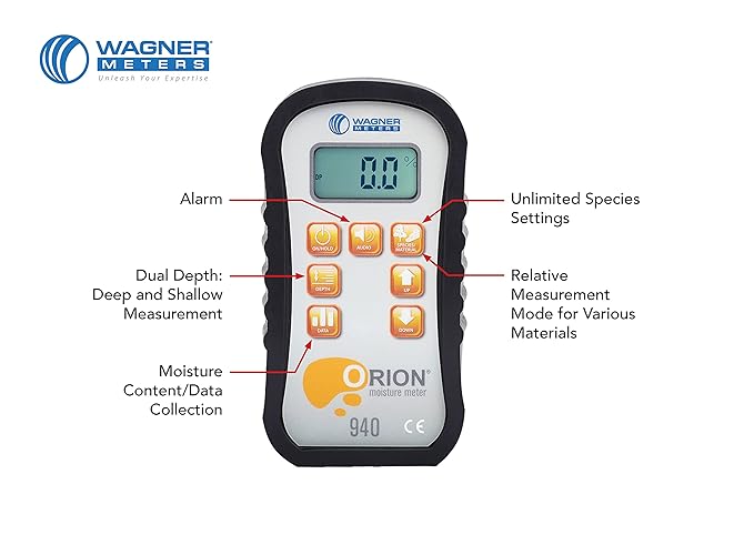 Orion® 940 Pinless Wood Moisture Meter by Wagner Meters I Accurate, Non-Damaging, Dual Depth Lumber Moisture Measurement, Data Collection & Storage, On-site Calibration (NIST Traceable)