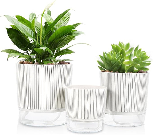 Self Watering Pots for Indoor Plants, 6 & 5 & 4 Inch Stylish Flower Pots, Set of 3 Modern Planters with Self-Watering Feature (Black Stripes)