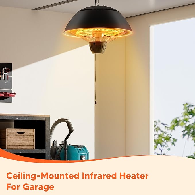 Electric Outdoor Heater, 1500W Outdoor Hanging Heater, Ceiling Mounted Infrared Patio Heater for Outdoor Use, Waterproof Electric Heater for Porch, Balcony, Garage, Adjustable Height, Black