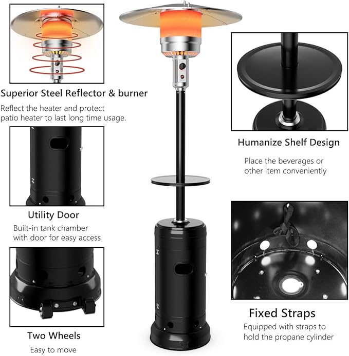 Tangkula 50,000 BTU Propane Patio Heater with Wheels, Outdoor Heaters for Patio with Shelf Tabletop, Stainless Steel Burner, Auto Shut Off & Tip-Over Protection, Portable Patio Heaters for Outdoor Use