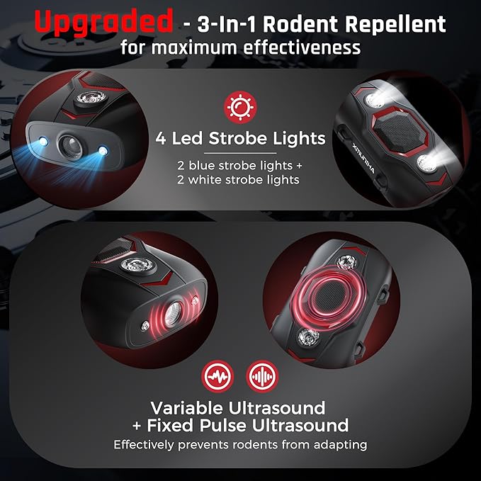 Rodent Repellent for Car Engines - Ultrasonic Mouse Repellent Under Hood, Upgraded 4 LED Strobe Lights, Plug-in & Battery Powered, Keep Rodents Out of Car, RV, Garage, Room, Indoor, Outdoor, 2 Pack