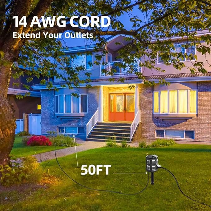 TiFFCOFiO Outdoor Power Strip Timer, Dusk to Dawn Light Sensor Countdown, 50 Feet Extension Cord Waterproof, 6 Grounded Outlets for Halloween and Christmas Decorations, ETL Listed (50 FT)