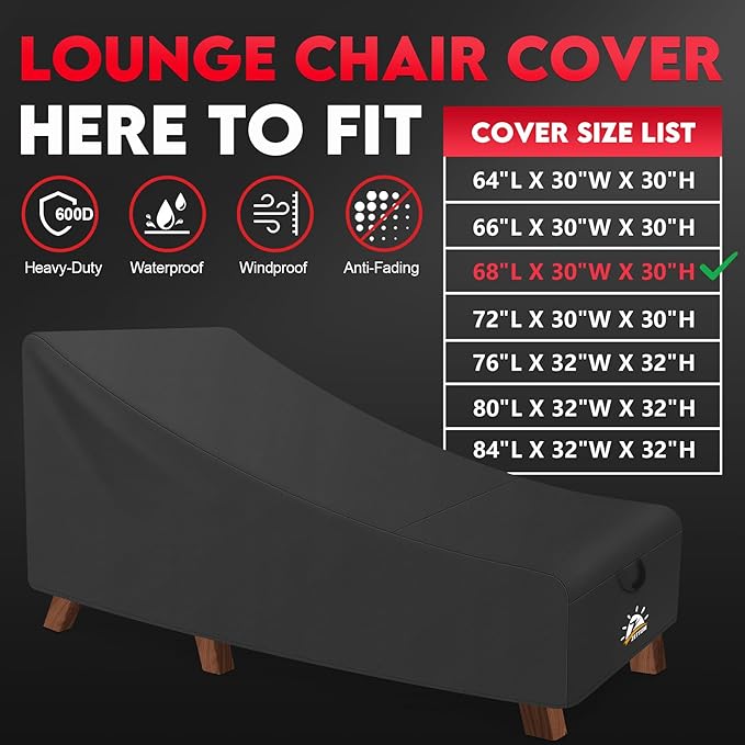 Outdoor Lounge Chair Cover 2 Pack - Waterproof Patio Chaise Lounge Chair Cover, 600D Heavy Duty Outdoor Seating Covers For Pool Lounge Chair, Lawn Bench Furniture 68 x 30 x 30 Inch