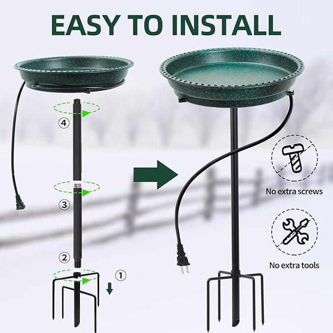 Heated Bird Bath for Outdoors for Winter, 75W Bird Bath Water Heater Bird Bath Deicer,Deep Bowl Thermostatic Control Weather Resistance Available with Stable Metal Pole for All Seasons(Green)