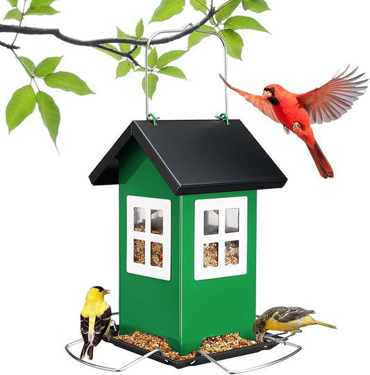 Veehoo Bird House Feeders for Outdoors Hanging-Metal Wild Bird House Feeders with 4 Ports, Country House Design, Garden Yard Decor Weatherproof Hanging Bird Feeder for Outside, Green