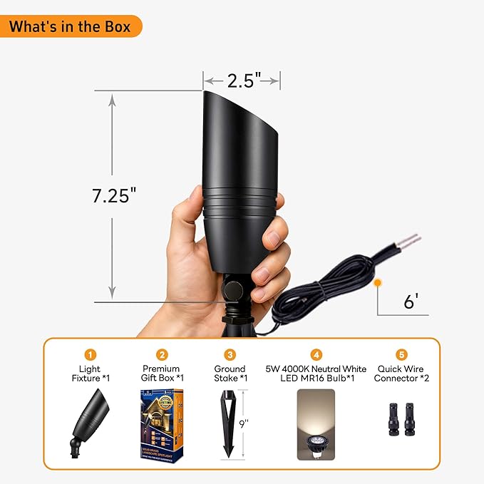 Spot Light Brass - Outdoor Landscape Spotlights LED, 12V Low Voltage Landscaping Uplights, Hard-Wired All Weather Black for Backyard Lawn with Cold White Changeable Bulbs (8 Pack)