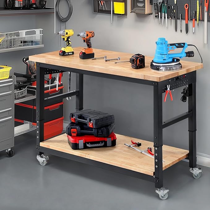 Work Bench for Garage Adjustable Workbenches with Storage 60 Inch Garage Workbench with Under Table Shelf, Pegboard, Power Outlets for Woodworking, Home, Office, Workshop