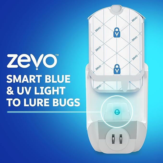 Zevo 2 Flying Insect Traps & 2 Refill Cartridges - Plug in Fly Trap & Indoor Bug Catcher for Gnats, House & Fruit Flies - Blue & UV Light Technology, Mess-Free Alternative to Bug Zapper