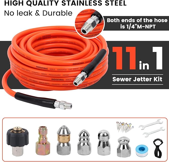 150FT Sewer Jetter Kit for Pressure Washer, 5800 PSI Water Jet Drain Cleaner Hose With Corner Rotating Button Nose Nozzle 1/4 Inch NPT, Jetting Nozzles Kit With Spanner Handle Strap