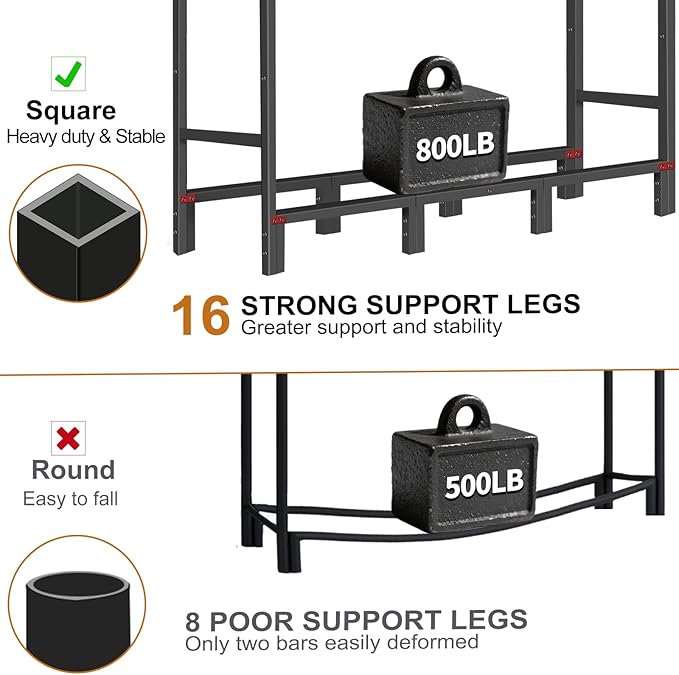 4FT Firewood Rack Indoor Outdoor, Firewood Log Rack Holder with 4 Reinforced Metal Sheets for Fireplace Wood Storage, Heavy Duty Metal Pile Log Stand Stacker Holder for Patio Outdoor