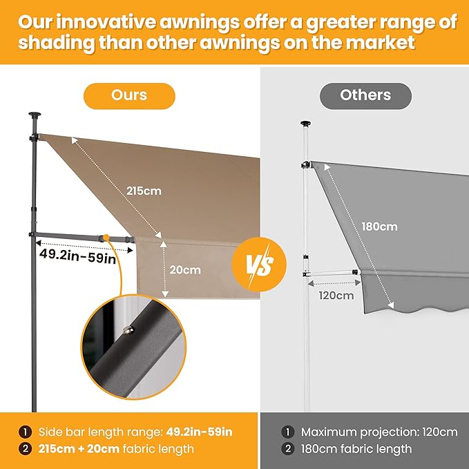 HOMEDEMO Manual Retractable Awning 98" W x 118" H,Side Bar 47-59in Patio Awning Retractable Outdoor Sunshade Shelter Height Adjustable Sunsetter Retractable Awning UV Protection for Backyard Garden