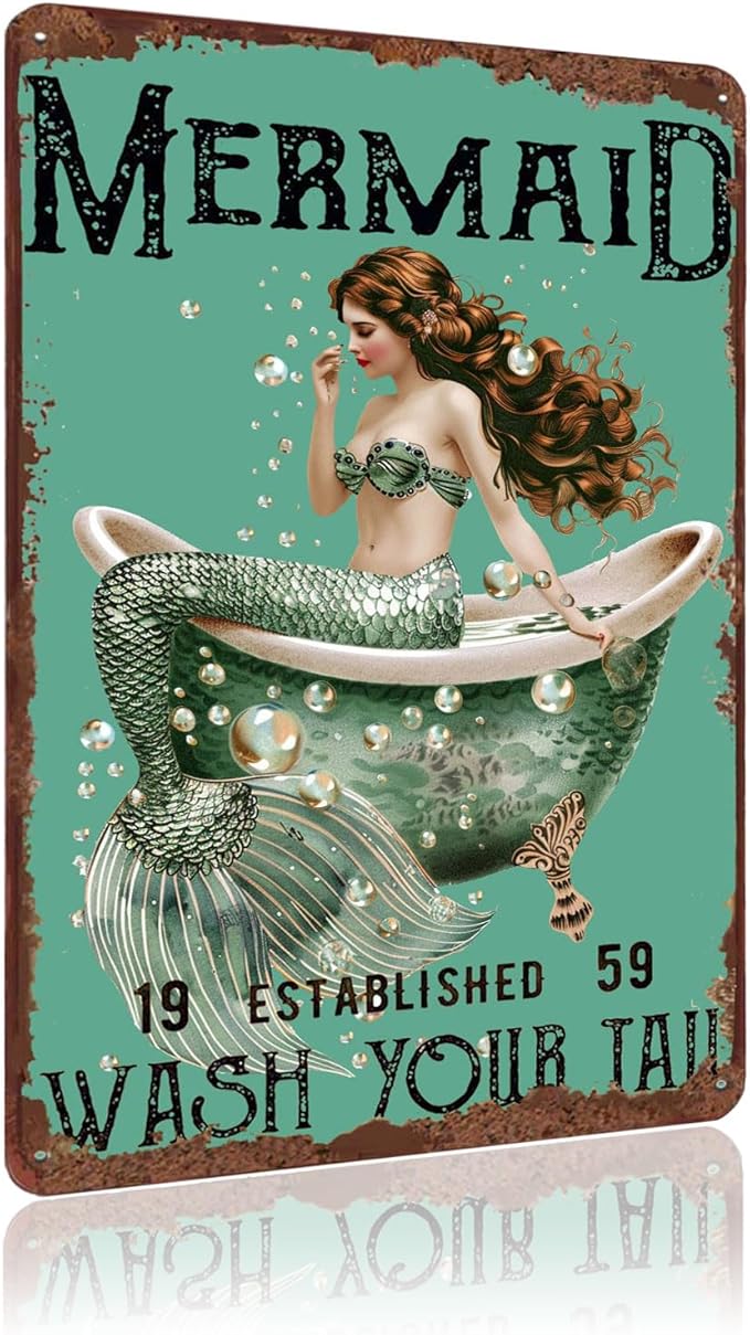 Metal Signs Mermaid Wash Your Tail Retro Tin Sign for Home Office Kitchen Bar Cafe Garden Wall Decor 12x8 Inch