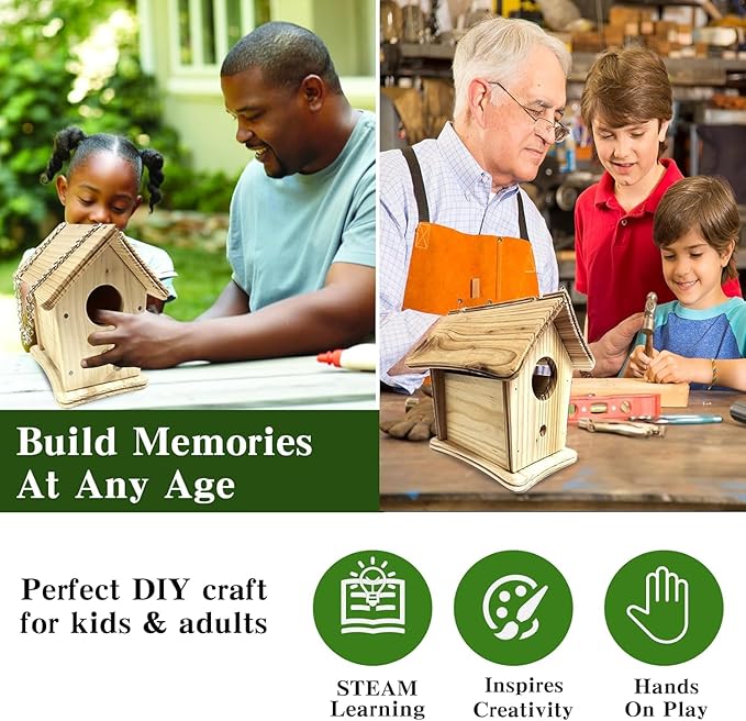 2pc DIY Birdhouse Kit for Kids, Cedar Wood Bird House Kits Bulk for Kids and Adults, Art Craft Outdoor Birdhouse, Solid Wood Weather Proof Material Painting Kit, Chain for Tree Hanging Age 8+