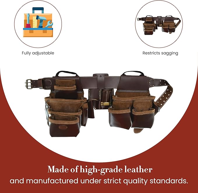 Style n Craft 4-Piece and 22-Pocket Pro Framer’s Combo, Tool Belt with 2 Tool Pouches, a 4-Pocket Multi-Tool Holder, and 1 Leather Hammer Loop, Full-Grain Leather Carpenter Tool Belt, Dark Tan (98454)
