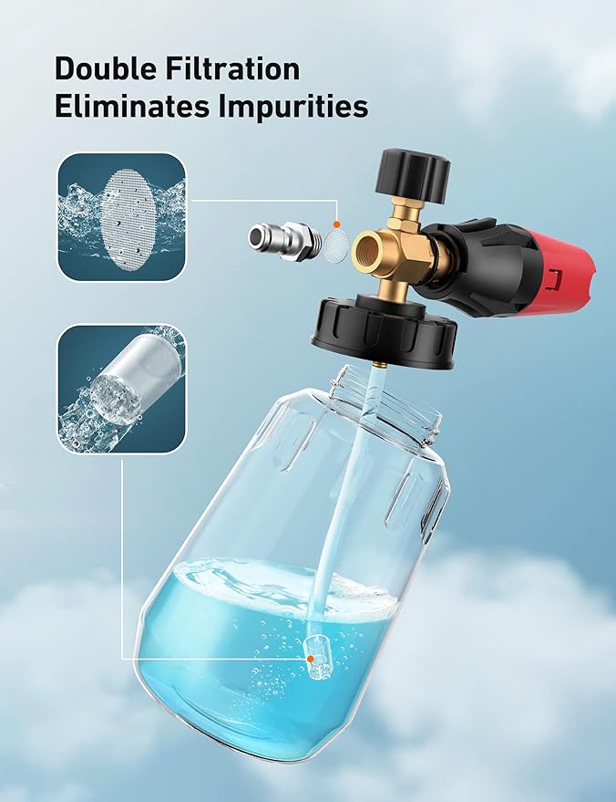 AstroAI Foam Cannon, Heavy Duty Car Foam Blaster Wide Neck Adjustable Snow Foam Lance and Thick Foam for Pressure Washer with 1/4" Quick Connector,1L Bottle