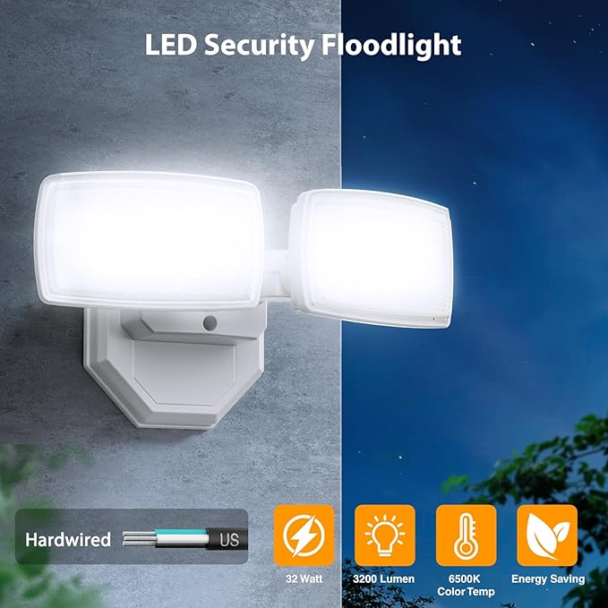 Onforu 3200LM Flood Lights Outdoor, 32W 6500K LED Security Light Manual Switch Controlled, IP66 Waterproof Outdoor Lights, Wall Mount Exterior Flood Light with 2 Adjustable Heads Floodlights Outside
