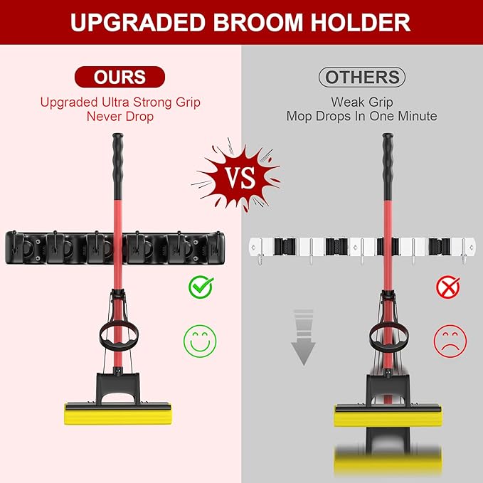 LETMY Broom Holder Wall Mount - Mop and Broom Hanger Holder - Garage Storage Rack & Garden Tool Organizer - 5 Position 6 Hooks Broom Rack for Home, kitchen, Garden, Tools, Garage Organization - Black