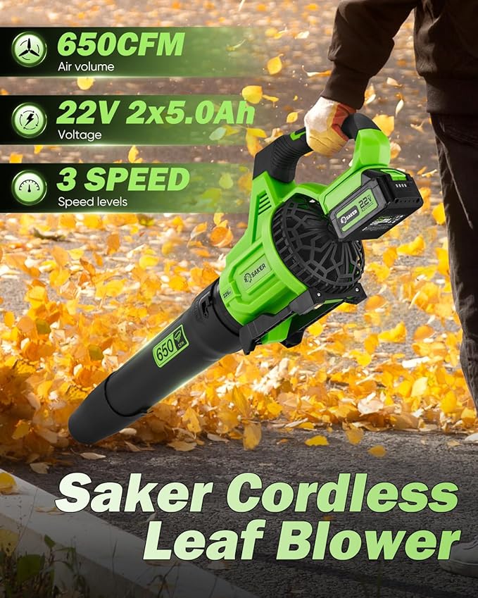 Saker Cordless Leaf Blower 650CFM 22V Electric Blowers with 2x5.0Ah Batteries 3-Speed Lightweight Blowers for Lawn Care, Yard Cleaning, Blowing Leaves, Dust, Snow Green SK-LB650