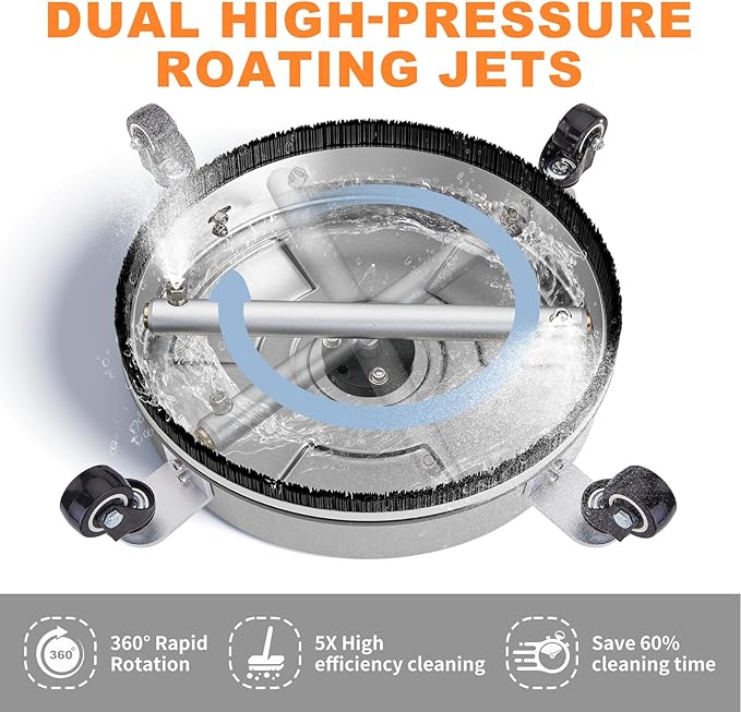 18" Pressure Washer Surface Cleaner with 4 Wheels, Stainless Steel Power Pressure Washer Attachment for Driveway Concrete Patio Cleaning, 2 Extension Wand Accessories, 1/4" Quick Connect, 4000PSI