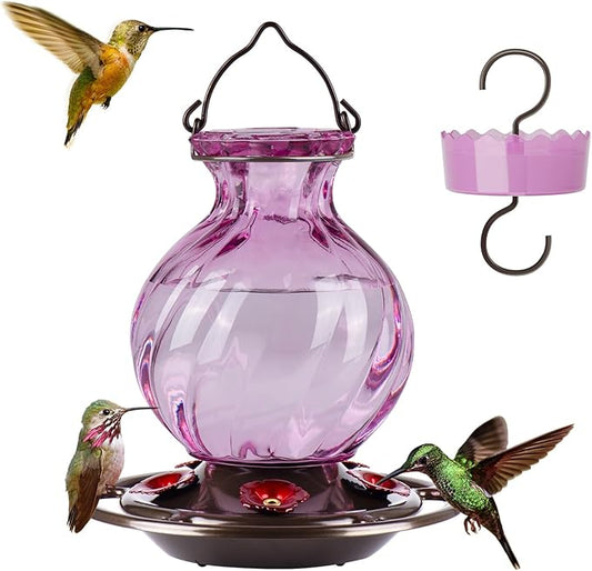Auslar 26 Ounces Hummingbird Feeder, Purple Hummingbird Feeders for Outdoors Hanging, Ant Moat and 5 Flower Feeding Ports, Fade Proof, Rustproof, Leakproof, Netted Flower Bud Shape Bottle