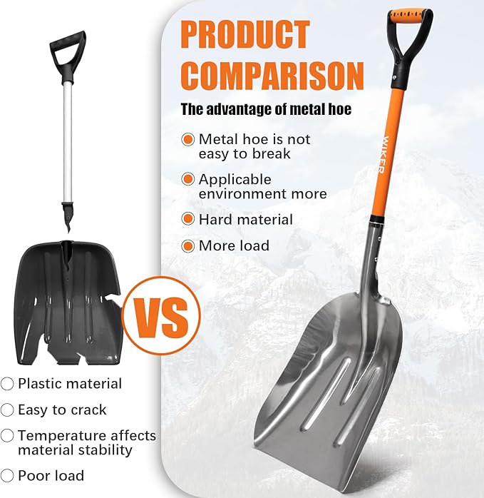 Snow Shovel,Metal Snow Shovel for Driveway,Scoop Shovel Heavy Duty with D Handel,Transfer Shovel for Gardening,Farms,and Barns,45 inches,Orange