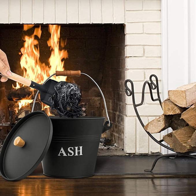 Ash Bucket with Lid Shovel and Hand Broom, 1.5 Gallon Fireplace Metal Bucket Reinforced Base & Ash Can, Fire Pit,Wood Burning Stove for Fireplace, Galvanized Iron Tool Set Accessories