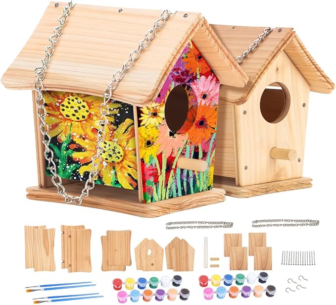 2pc DIY Birdhouse Kit for Kids, Cedar Wood Bird House Kits Bulk for Kids and Adults, Art Craft Outdoor Birdhouse, Solid Wood Weather Proof Material Painting Kit, Chain for Tree Hanging Age 8+