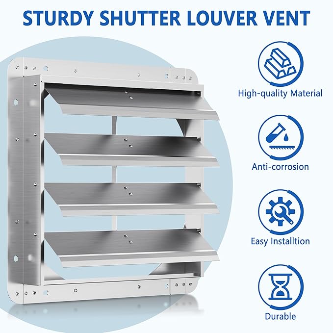 16 Inch Galvanized Shutter Exhaust Louver Vent, Automatic Gravity Shutter Louver Vent for Home Attics, Workshops, Barn, Greenhouse (Motor&Blades are not Included)