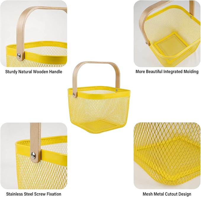 Metal Mesh Steel Harvest Basket, Square Wire Garden Basket with Handle – Multi-Functional Storage Organizer for Gathering Vegetables, Fruits, Kitchen, Garden, Picnic & Cabinet (Yellow)