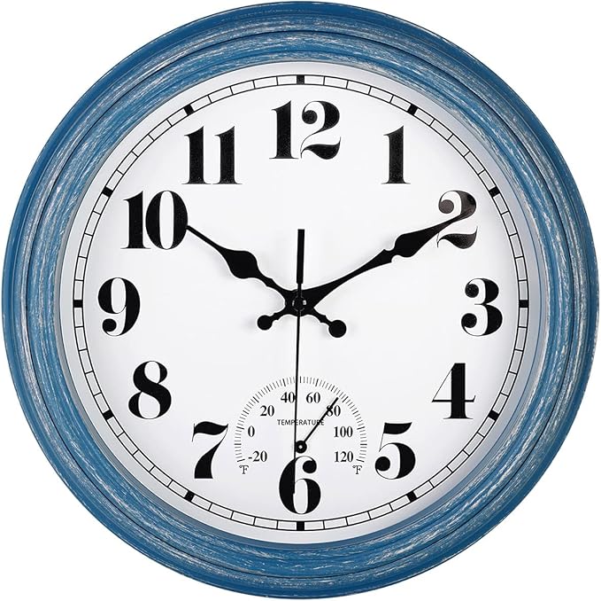 JENLYSTIME 12 Inch Indoor/Outdoor Retro Waterproof Wall Clock with Thermometer Silent Round Quartz Battery Operated Easy to Read Decorative for Kitchen Patio,Bathroom,Deck,Porch,Pool(Blue)