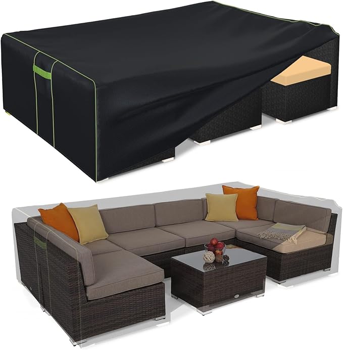 Patio Furniture Covers Waterproof, Heavy Duty 600D Outdoor Furniture Covers for Outside Sectional Sofa Set,Tear Resistance and Anti-UV, 126"L x 126"W x 28"H, Black with Green Piping