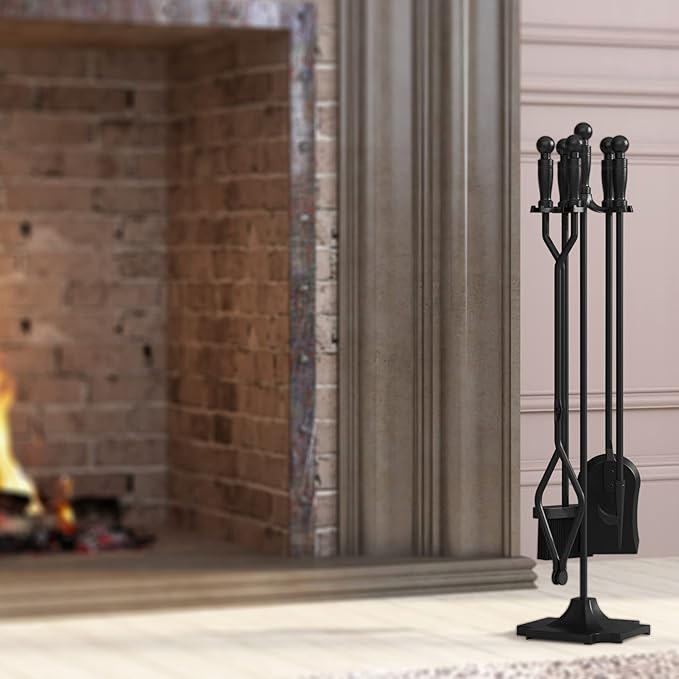 Fire Beauty Fireplace Tools Set 5 Pieces Wrought Iron Fireset Woodstove Log Tongs Holder Fire Kit Setwith Pedestal Place(32 Inches)