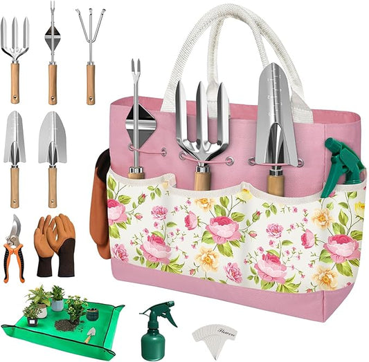 22PCS Garden Tools Set for Women,Heavy Duty Hand Tool Kit Included Handy Tote Bag/Trowel/Repotting Mat/Rake/Pruner/Gloves/Plant Tags,Garden Supplies Gardening Gifts for Beginner Mom-Pink