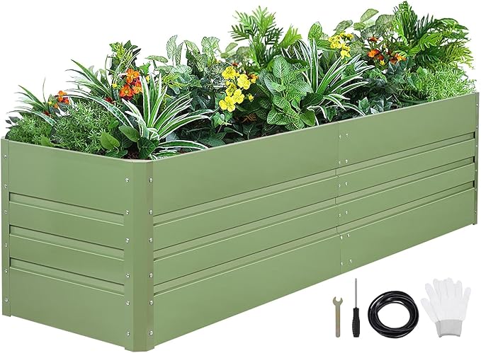 1MORE Raised Garden Bed- 8x2x1.8ft Planter Garden Boxes Outdoor, Raised Beds for Gardening, Large Metal Garden Bed Kit for Vegetables Flower, Deep Root Planter Raised Beds with Tools.Green