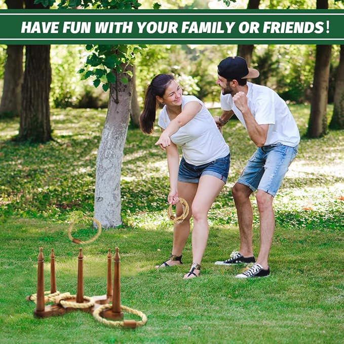Wooden Ring Toss Game Set, Backyard Beach Camping Game with Toss Rings & Portable Carrying Bag, Outdoor Lawn & Yard Games for Kids, Adults & Family
