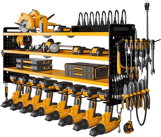 Power Tool Organizer Wall Mount with Charging Station, 8 Drill Holder, 4 Layer Storage Rack for Garage Organization, Tool Holder with 8 Outlet Power Strip (Yellow)
