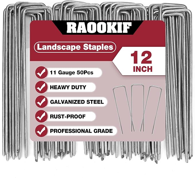 RAOOKIF 12 Inch Galvanized Garden Landscape Staples, 20/50/100/200Pcs Garden Metal Stakes, 11 Gauge Heavy Duty Ground Stakes for Decoration, Fence and Lawn Use, Fabric Pins (50, 12 Inch)