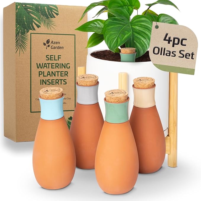 Ollas Plant Watering Globes - Terracotta Self Watering Planter Insert - Watering Bulbs for Outdoor and Indoor Plants with Easy Top Refill System - Set of 4