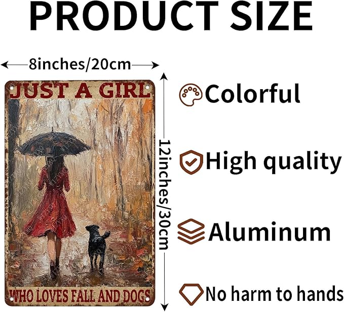 Metal Signs Just A Girl Who Loves Fall And Dogs Tin Signs Autumn Aluminum Sign for Living Room Bedroom Bar Cafe Yard Garden Office Wall Decor 12×8 Inch