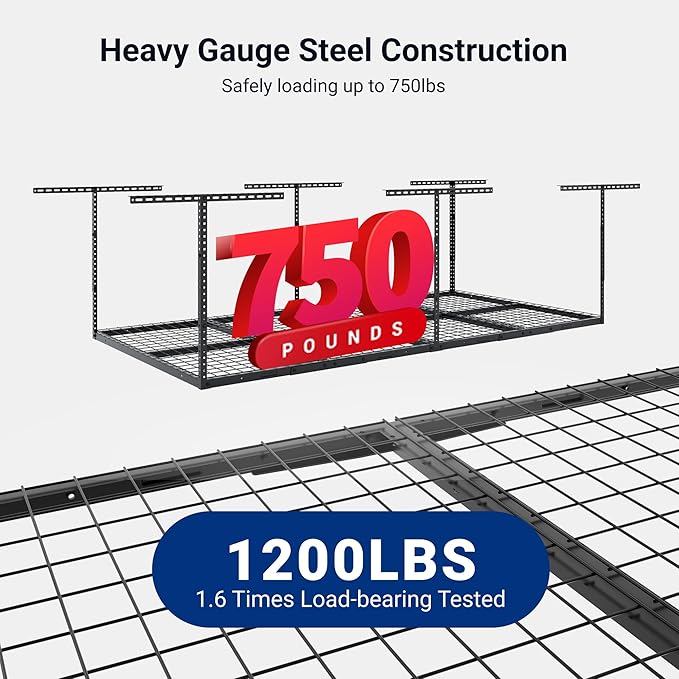 FLEXIMOUNTS 4x8 Overhead Garage Storage Rack, Adjustable Organization System, Heavy-Duty Metal Ceiling Racks, 2 pack, Black