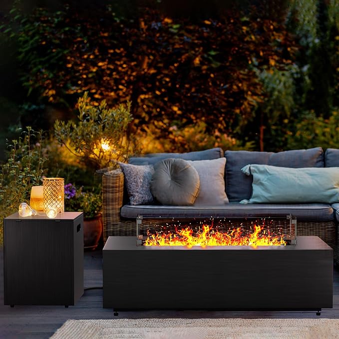 42” Rectangular Fire Pit Tables 2-Piece 50,000 BTU Outdoor Propane Gas Fire Pit with Wind Guard, Waterproof Cover, Lava Rocks for Outside Patio Backyard