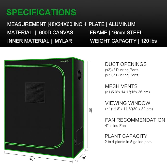 MELONFARM 4x2 Grow Tent, 48"x24"x60'' High Reflective 600D Diamond Mylar Canvas with Observation Window and Floor Tray for Hydroponic Indoor Plant Growing