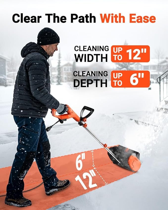 VOLTASK 12-Inch Corded Snow Blower, 10 Amp Electric Snow Blower with Directional Plate