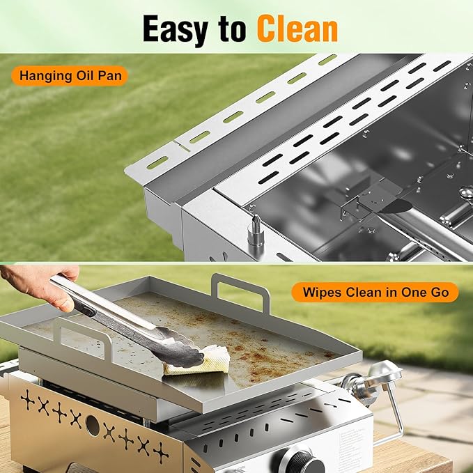 Stainless Steel Tabletop Grill,18 Inch Portable Propane Grill Griddle with Handle,8000 BTU Flat Top Grill for Camping, Outdoor & Tailgating Barbecue