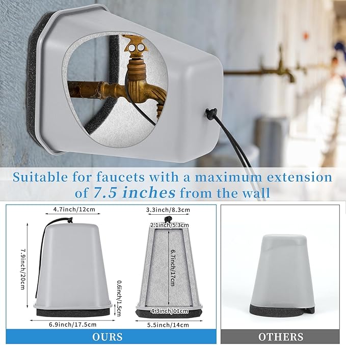 2 Pack 2025 Upgrade Extra Long Pet Proof Outdoor Faucet Covers Winter 8.5x7x5.5in Plastic Thick Foam Spigot Cover w/Reflective Strips for Outside Water Faucet Winter Freeze Protection (Gray)