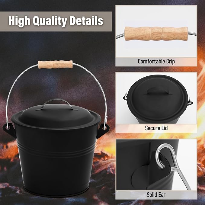 FEED GARDEN Mini Ash Bucket with Lid,Shovel,Broom and Screwdriver, 1.3 Gallon Galvanized Iron Coal Bucket for Fireplace Fire Pits Wood Stoves Indoor Outdoor，Black