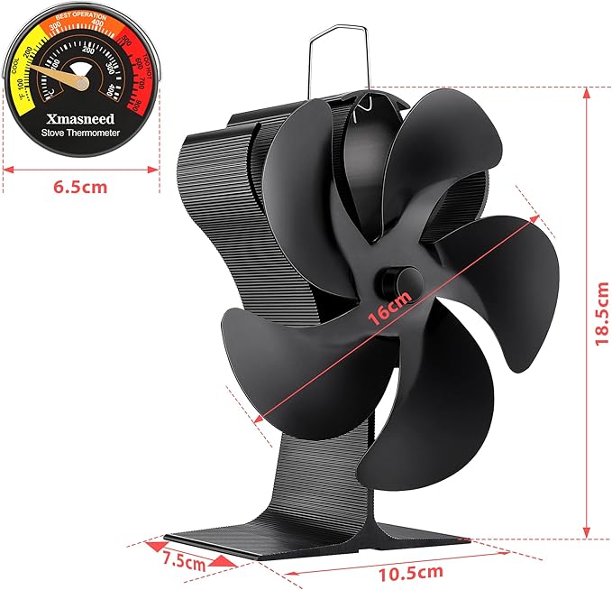 Wood Stove Fan, Fireplace Fan for Wood Burning Stove, Heat Powered fan, Wood Stove Accessories, Quiet Operation Circulating Warm Air, (Include Magnetic Thermometer) (5-Blade)