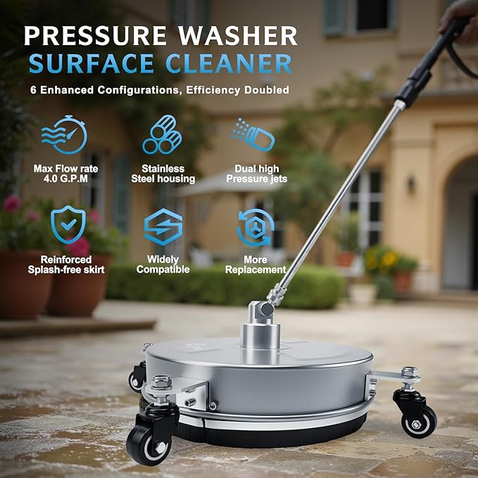 RAYNEL 14'' Pressure Washer Surface Cleaner with 4 Wheels, Stainless Steel Housing, 1/4" Quick Plug, 2 Extended Wands, 2 Replacement Nozzles