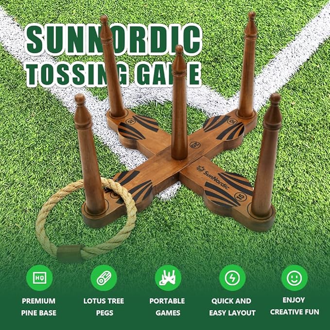 Wooden Ring Toss Game Set, Backyard Beach Camping Game with Toss Rings & Portable Carrying Bag, Outdoor Lawn & Yard Games for Kids, Adults & Family