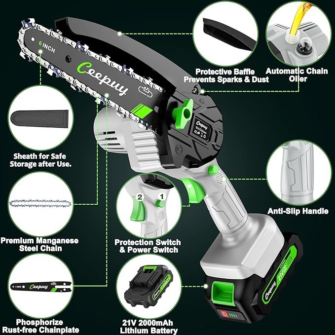 Mini Chainsaw Cordless,[2025 Upgraded] 6 Inch Portable Electric Chain Saw w/Automatic Oiler/Battery Powered Small Handheld Saw w/Security Lock Trees Branches Trimming,Wood Cutting.